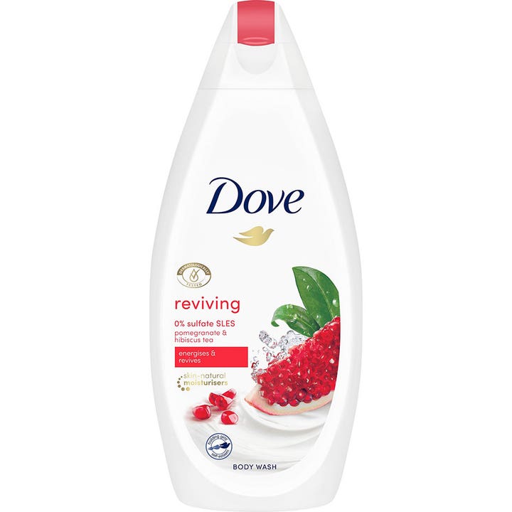 Dove Reviving Body Wash opfriskende kropsvask i hvid plastflaske der giver energi med granatæble og hibiscus