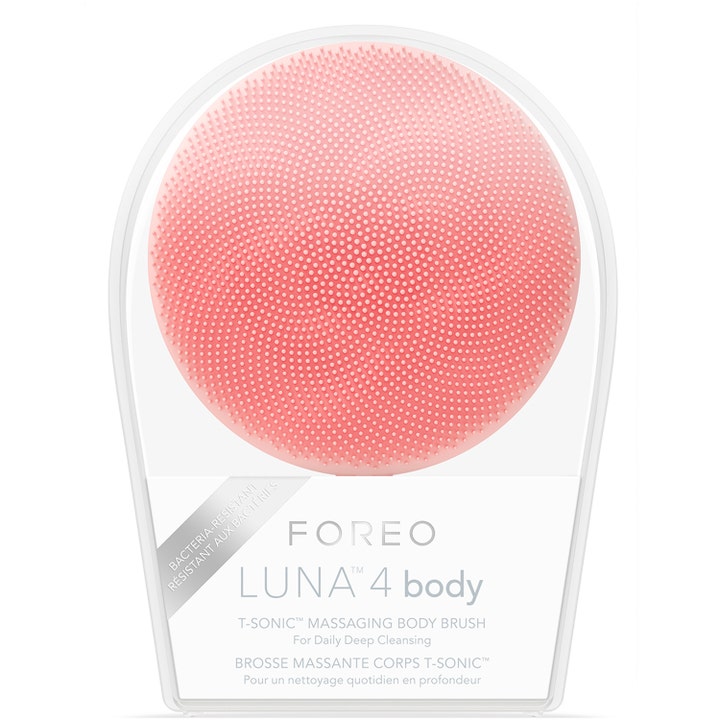 FOREO LUNA 4 body Peach Perfect 1 stk eksfolierende kropsbørste i gennemsigtig æske med blød silikone