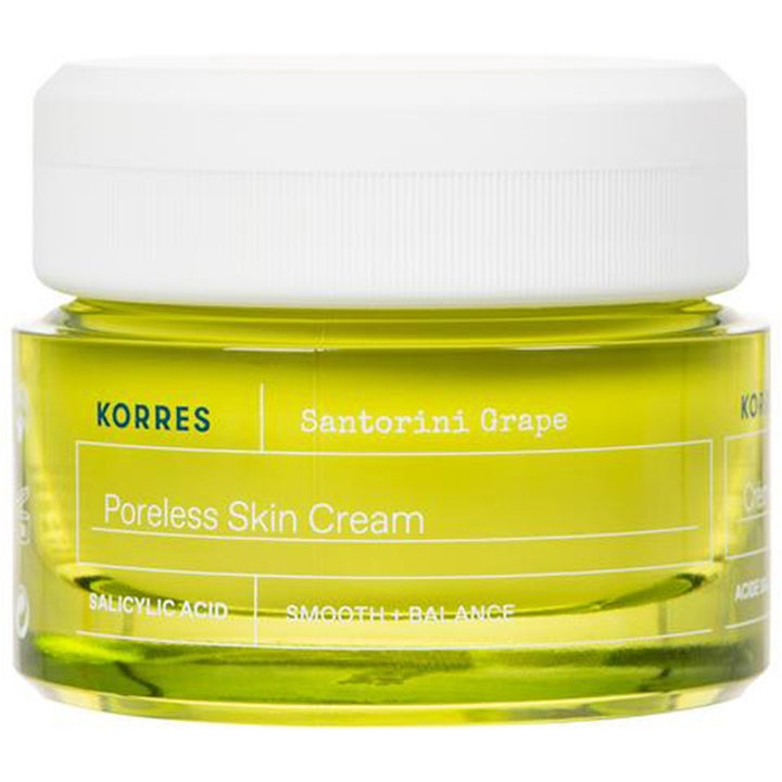 Korres Santorini Grape Poreless Skin Cream 40 ml matterende ansigtscreme i grøn glaskrukke med hvidt låg