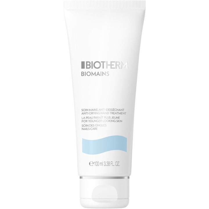 Biotherm Biomains 100 ml fugtgivende håndcreme mod tørre hænder i hvid tube med lyseblå bølge og hvidt låg.