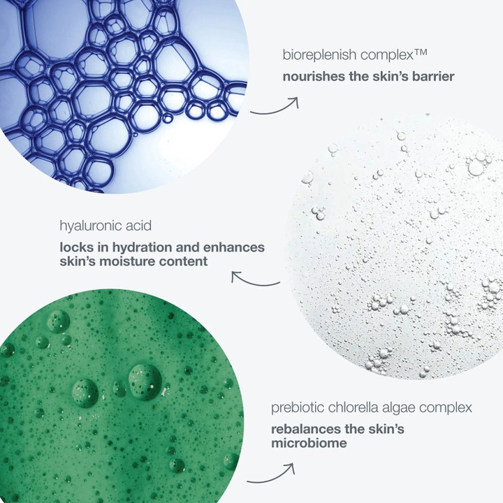 Dermalogica Intensive Moisture Balance 50 ml fugtgivende dagcreme viser teksturer af hyaluronsyre og chlorella alger.
