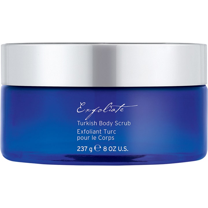 Exfoliate Turkish Body Scrub 237 g eksfolierende bodyscrub der giver blød hud i blå krukke med sølvfarvet låg