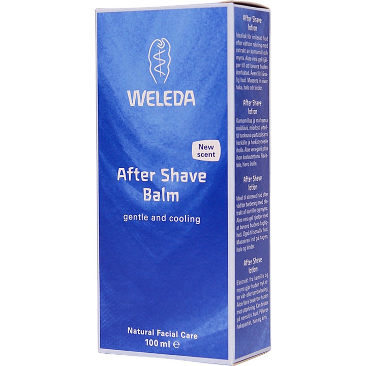 Weleda After Shave Balm 100 ml beroligende aftershave i blå papæske med teksten New scent