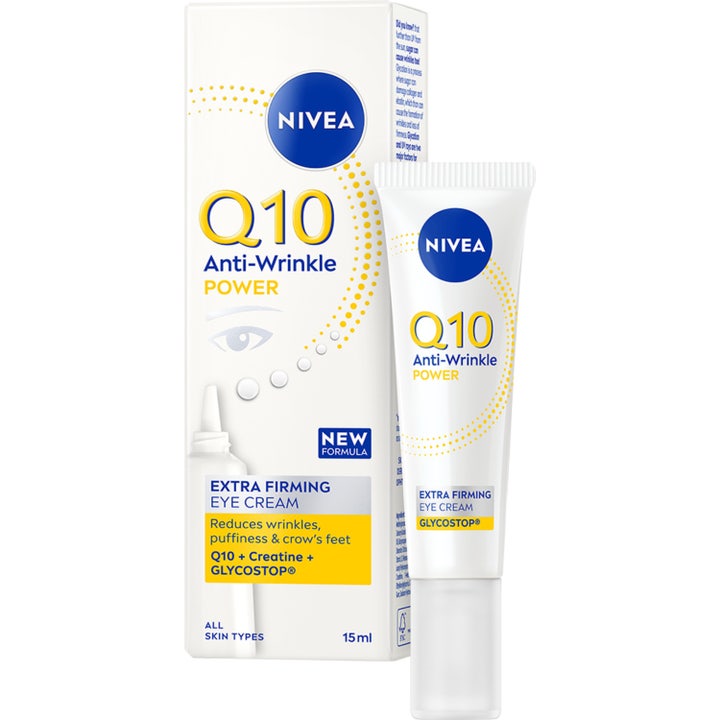 Nivea Q10 Anti-Wrinkle Power Firming Eye Cream opstrammende øjencreme i hvid tube og æske med gule detaljer
