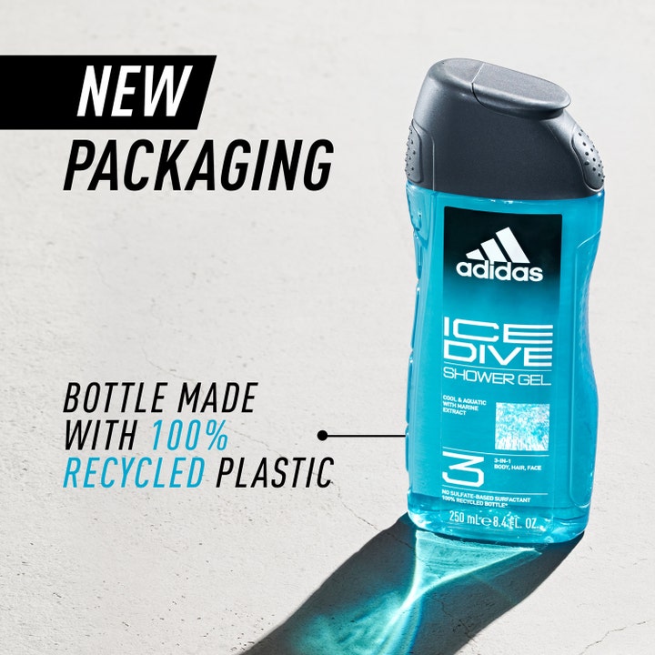 Adidas Ice Dive Shower Gel 250 ml i en blå genanvendt plastflaske med teksten New Packaging