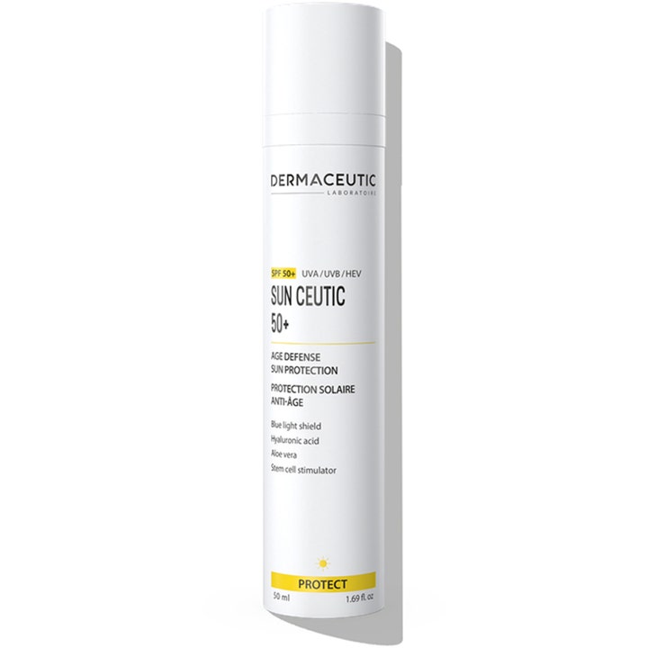 Dermaceutic Sun Ceutic 50+ 50 ml solcreme mod aldringstegn i hvid flaske med pumpe og gule detaljer