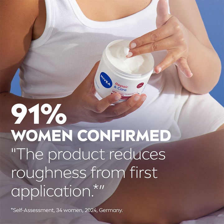NIVEA Repair & Care Body Cream 400 ml fugtgivende kropscreme i åben krukke med tekst om 91% bekræftet effekt