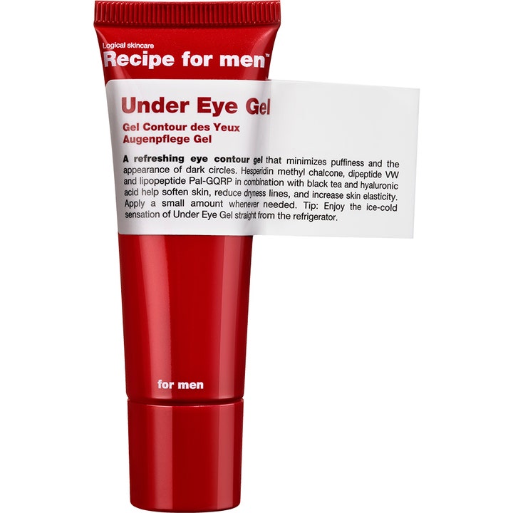 Recipe for men Under Eye Gel mod hævelser og mørke rande i rød plastictube med hvid etiket og rødt låg