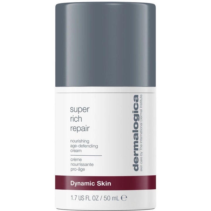 Dermalogica Super Rich Repair 50 ml nærende ansigtscreme i hvid pumpeflaske med gråt låg og bordeaux detalje