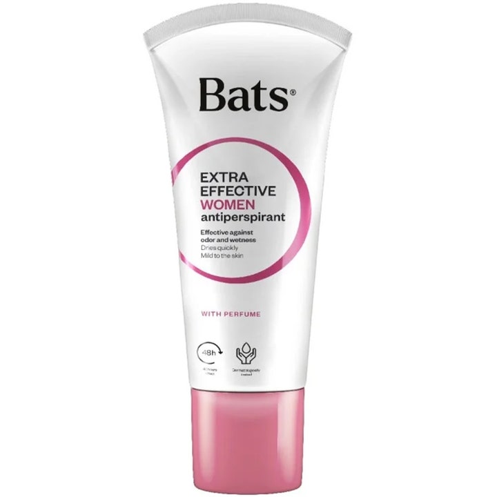Bats Extra Effective Women antiperspirant modvirker sved og lugt i en hvid tube med pink låg og detaljer.