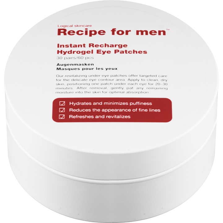Recipe for men Instant Recharge Hydrogel Eye Patches 60 stk fugtgivende øjenmasker i hvid krukke med rød tekst