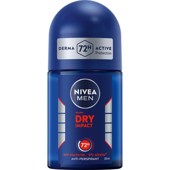 Nivea Men Dry Impact 25 ml anti-perspirant giver 72 timers beskyttelse i en lille glasflaske med blåt låg