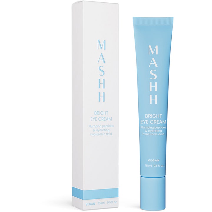MASHH Bright Eye Cream 15 ml vegansk øjencreme i lyseblå tube med fugtgivende hyaluronsyre og peptider.