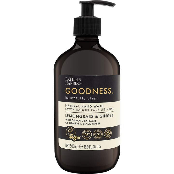 Baylis & Harding Goodness Lemongrass & Ginger 500 ml plejende håndsæbe i mørk flaske med sort pumpe