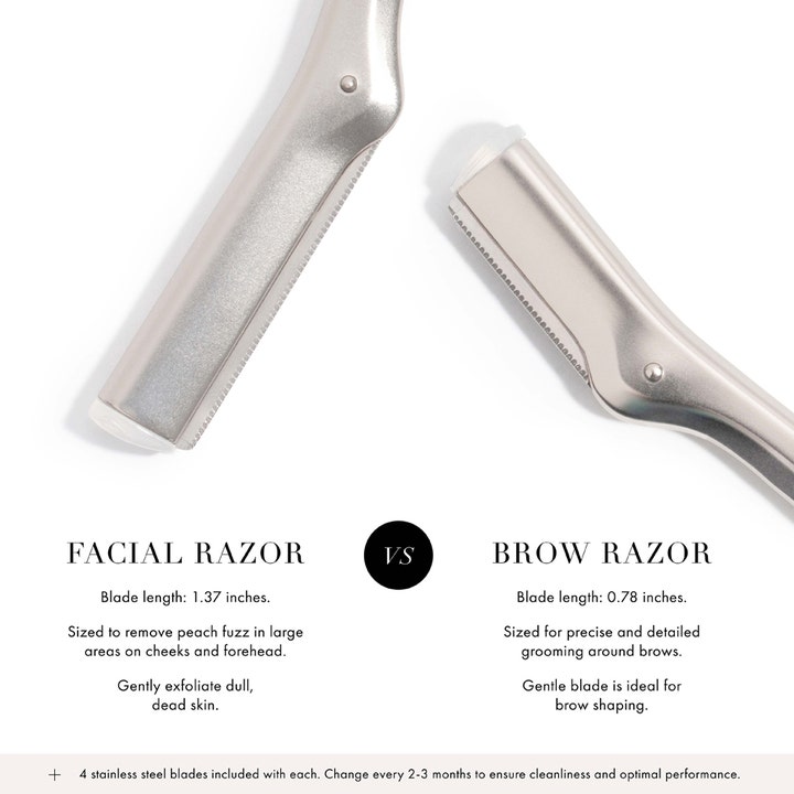 Tweezerman Facial Razor ansigtsskraber til eksfoliering sammenlignet med en kortere Brow Razor i metal.