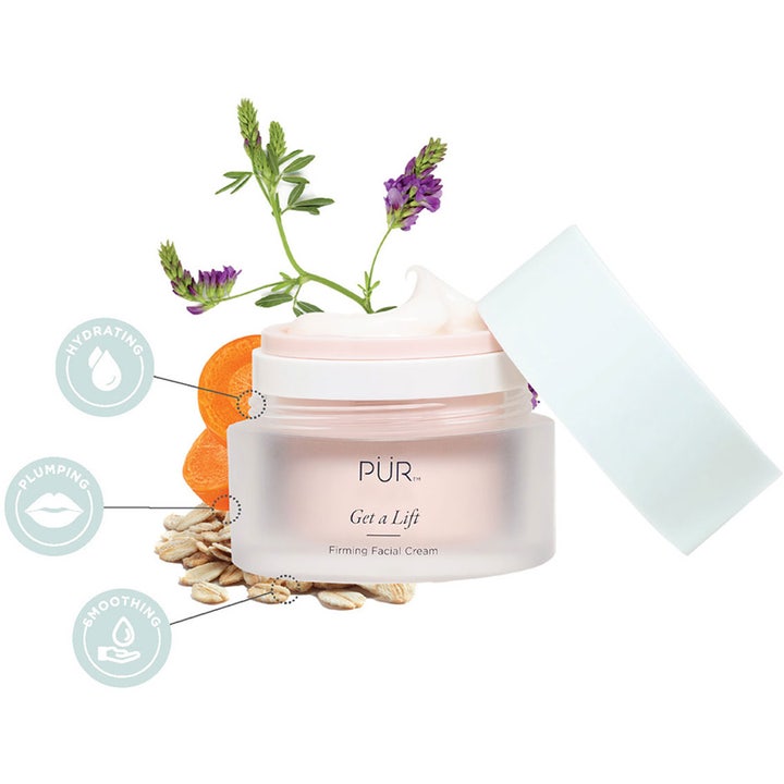 PÜR Get A Lift 50 ml opstrammende ansigtscreme i glaskrukke med ingredienser som havre og lilla blomster