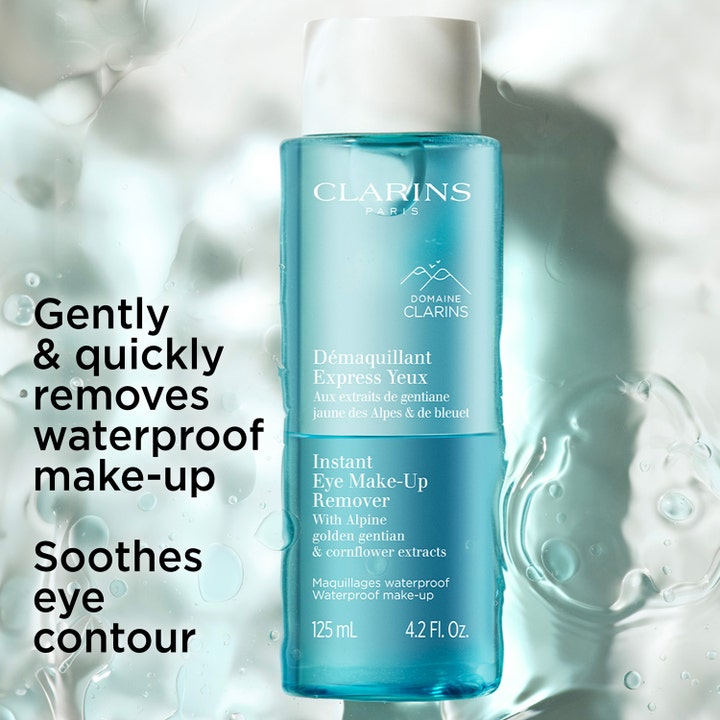 Clarins Instant Eye Make-Up Remover 125 ml i blå flaske fjerner vandfast makeup og beroliger øjenområdet