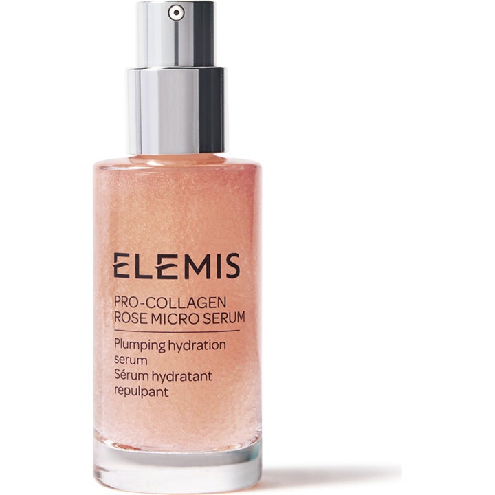Elemis Pro-Collagen Rose Micro Serum 30ml fugtgivende serum i glasflaske med sølvpumpe og glitrende rosa tekstur