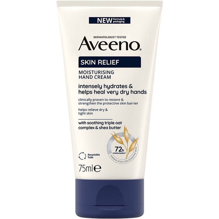 Aveeno Skin Relief Moisturising Hand Cream 75 ml fugtgivende håndcreme i hvid tube med mørkeblåt låg og havre.