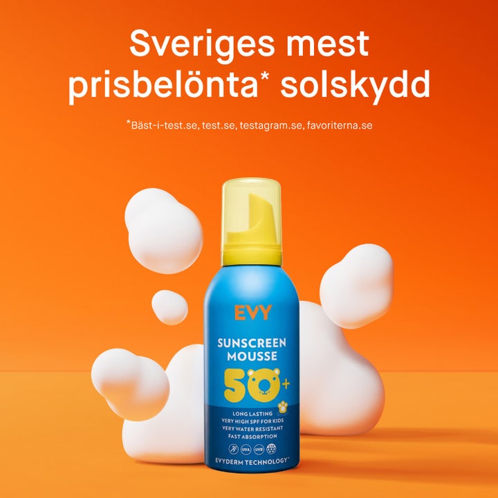 EVY Technology Sunscreen Mousse For Kids 150 ml solcreme med tekst om høj UVA-beskyttelse og 5 stjerner i Boots Rating test.