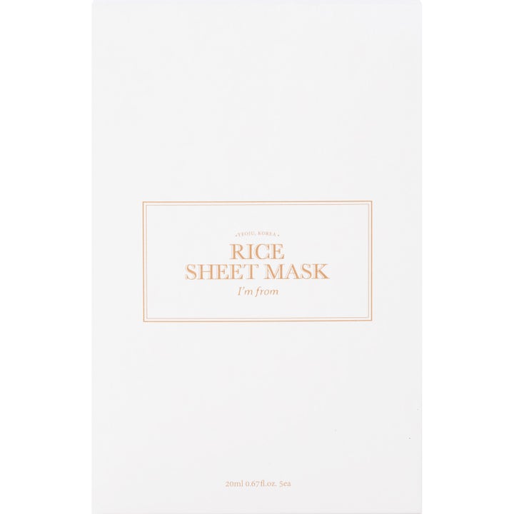 I'm from Rice Sheet Mask 5 stk fugtgivende arkmasker der giver glød i hvid minimalistisk æske med guldramme