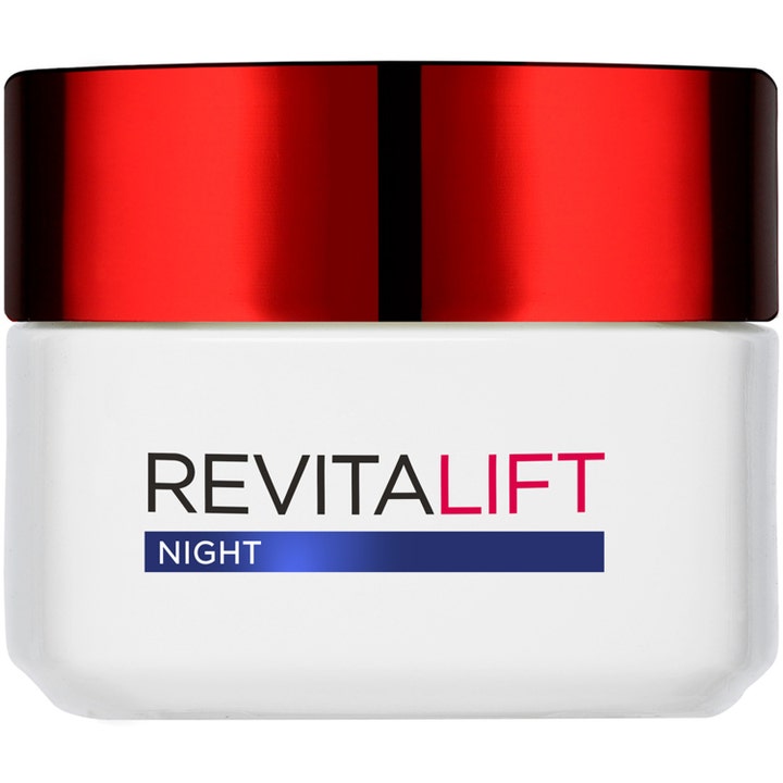 L'Oreal Paris Revitalift Night 50ml anti-age natcreme i hvid krukke med et skinnende rødt metallåg