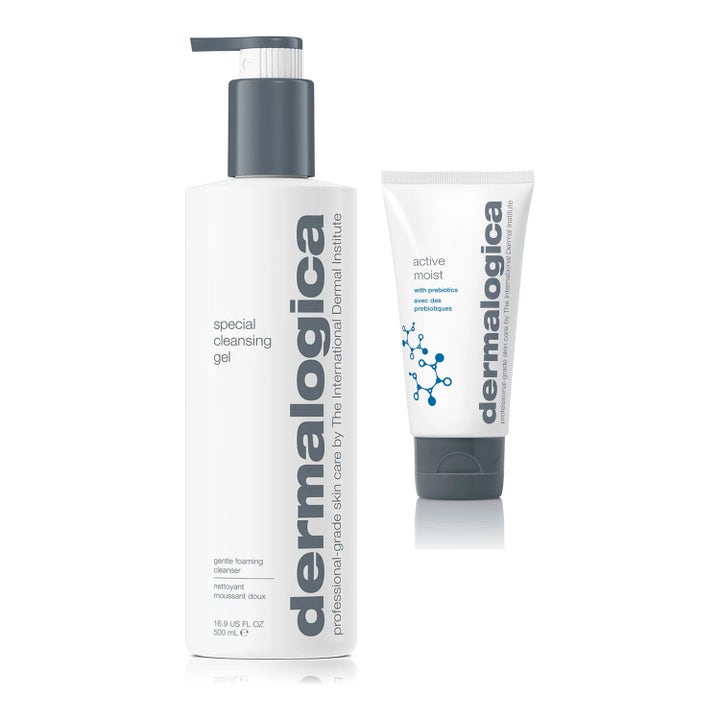 Dermalogica Active Moist og Special Cleansing Gel 500 ml fugtgivende ansigtspleje i hvid tube og pumpeflaske