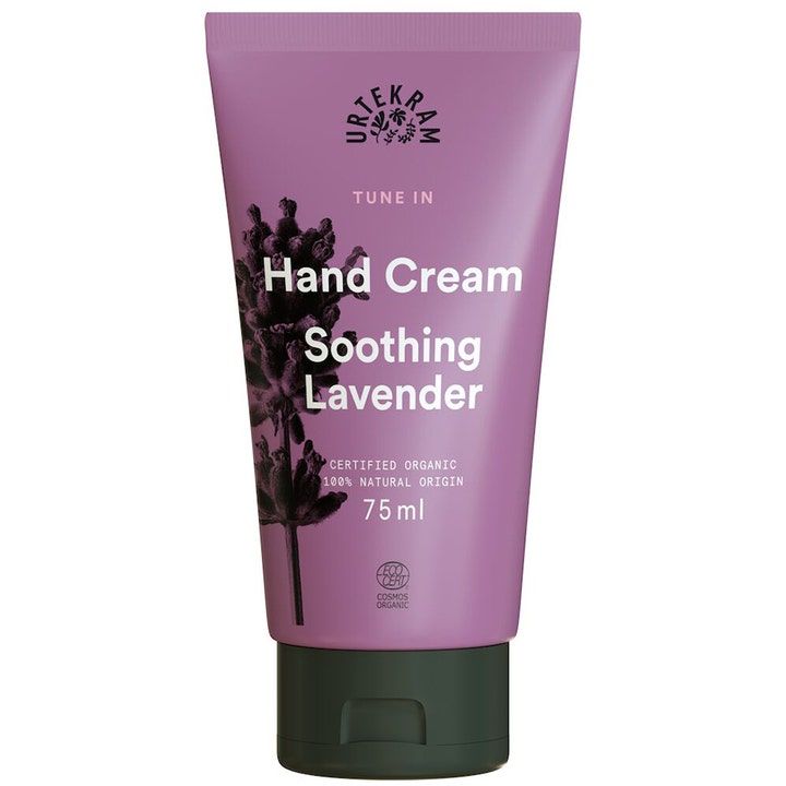 Urtekram Soothing Lavender Hand Cream 75 ml beroligende håndcreme i lilla tube med lavendelmotiv og mørkt låg
