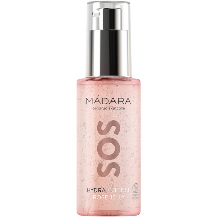 Mádara SOS Hydra Intense Rose Jelly 75 ml fugtgivende ansigtsgel med lyserød gelé og luftbobler i flaske med sølvpumpe