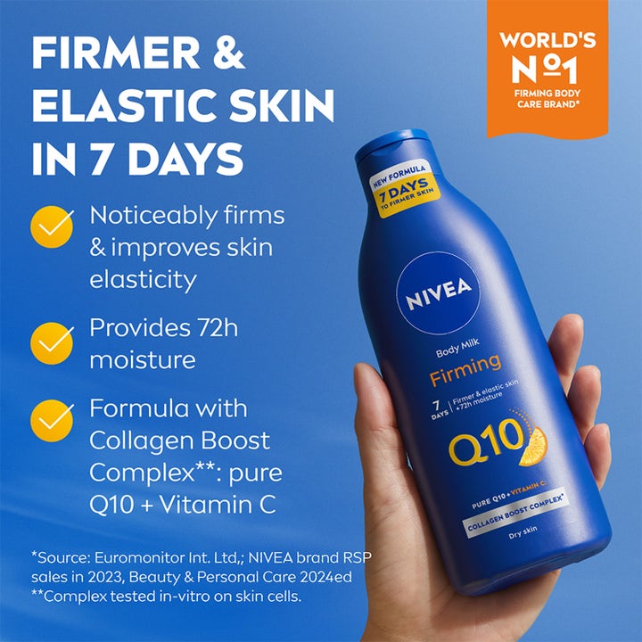 NIVEA Q10 Vitamin C Firming 250 ml opstrammende bodylotion i blå flaske med Collagen Boost for fastere hud på 7 dage