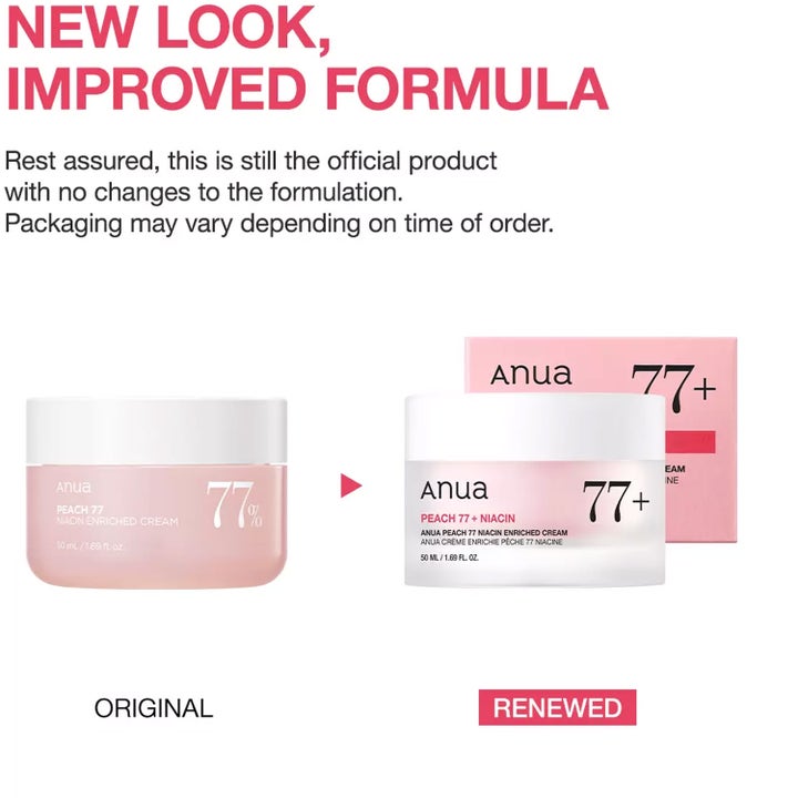 Anua Peach 77% Niacin Enriched Cream 50 ml fugtgivende dagcreme i original og fornyet lyserød krukke