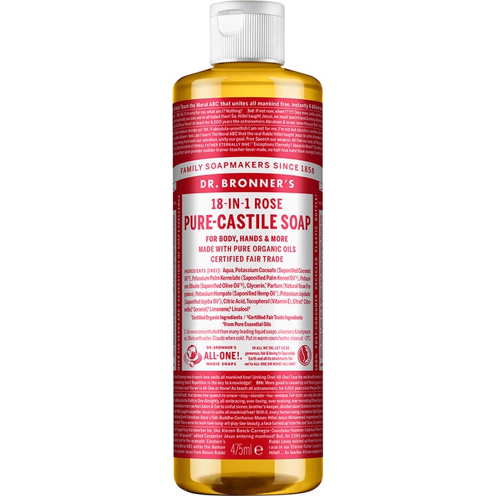 Dr. Bronner's 18-in-1 Rose Pure-Castile Soap 475 ml plejende flydende sæbe i gennemsigtig flaske med lyserød label