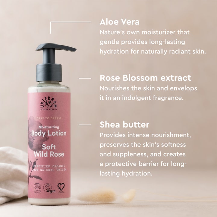 Urtekram Soft Wild Rose Body Lotion 245 ml fugtgivende kropspleje i pumpeflaske med aloe vera og sheasmør