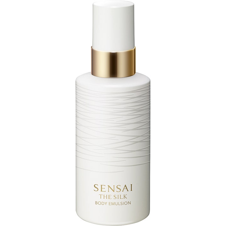 Sensai The Silk Body Emulsion 200 ml fugtgivende bodylotion i hvid flaske med guldring og silkemønster