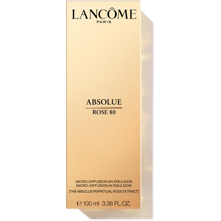 Lancôme Absolue Rose Emulsion 100 ml plejende essence i en elegant guldfarvet yderemballage der giver glød