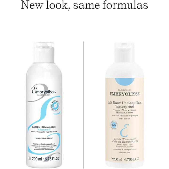 Embryolisse Milky Make Up Remover Emulsion 200 ml fugtgivende makeupfjerner i nyt og gammelt hvidt flaskedesign