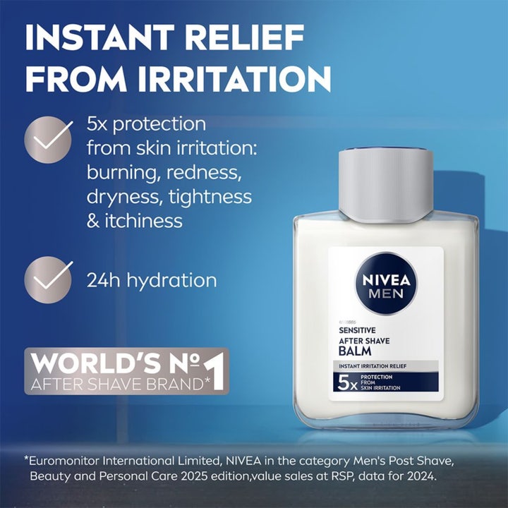 NIVEA MEN Sensitive After Shave Balm 100 ml mod irritation i hvid glasflaske med sølvlåg