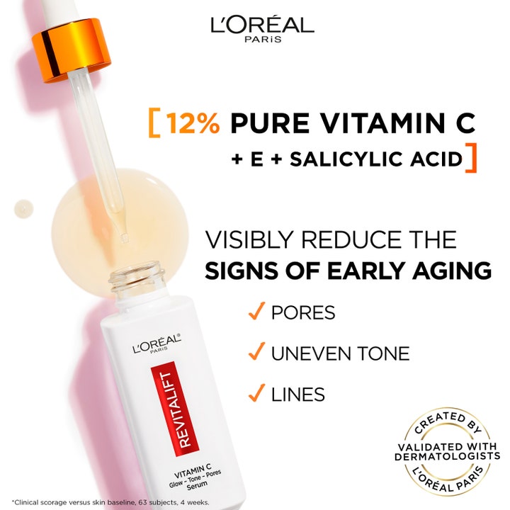 L'Oréal Paris Revitalift 12% Vitamin C Serum 30 ml mod rynker og porer med pipette og flydende serumdråbe