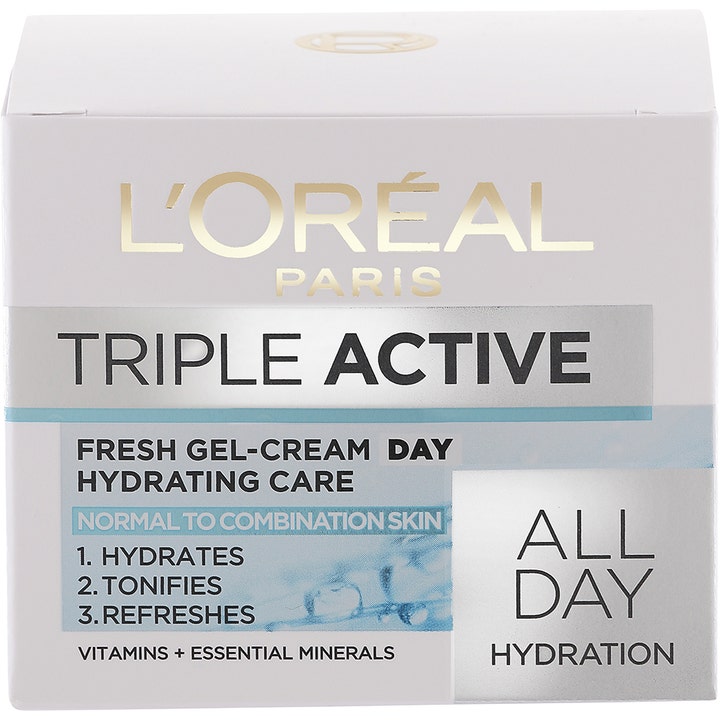 L'Oréal Paris Triple Active 50 ml fugtgivende dagcreme i hvid emballage med guldlogo og blå detaljer