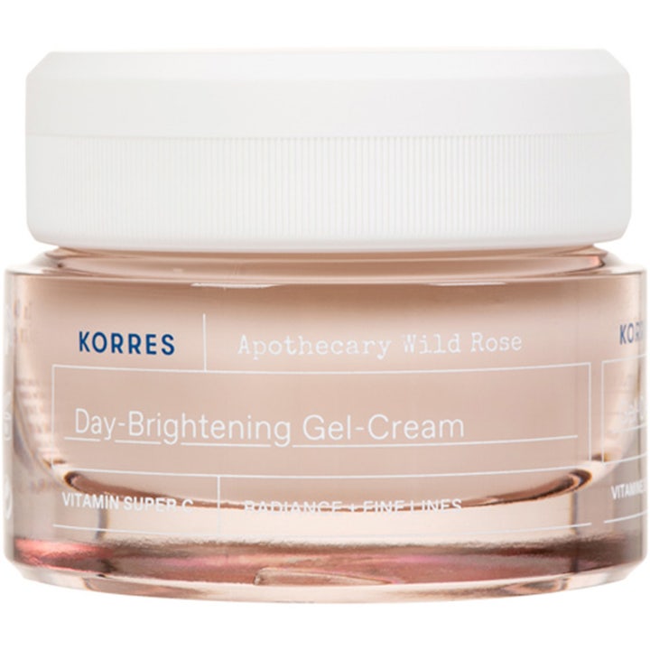 Korres Apothecary Wild Rose Day-Brightening Gel-Cream 40ml ansigtscreme skaber glød i lyserød glaskrukke med hvidt låg