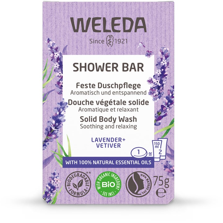 Weleda Shower Bar Lavender + Vetiver 75g beroligende fast kropssæbe i lilla papæske med lavendelblomster