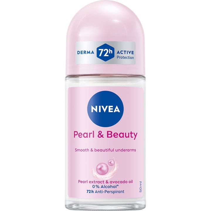Nivea Pearl & Beauty 50 ml anti-perspirant giver glatte armhuler i en klar glasflaske med lyserødt låg.