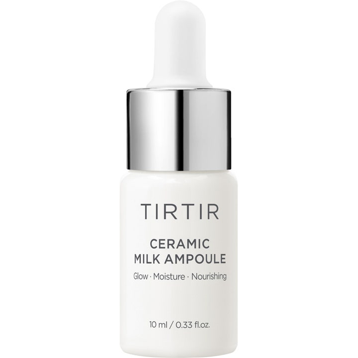 TIRTIR Ceramic Milk Ampoule 10 ml fugtgivende ampul der giver glød i hvid glasflaske med sølvlåg og hvid pipette.