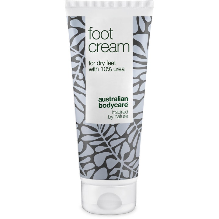 Australian Bodycare Foot Cream mod tørre fødder med 10% urea i hvid tube med gråt bladmønster.