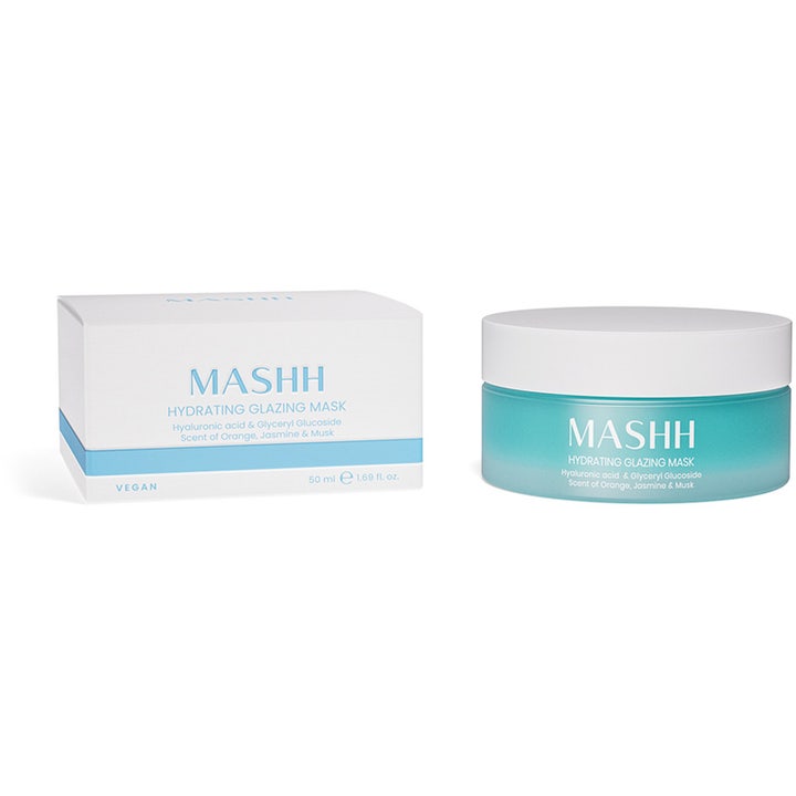 MASHH Hydrating Glazing Mask 50 ml vegansk ansigtsmaske i blå glaskrukke med hvidt låg og æske