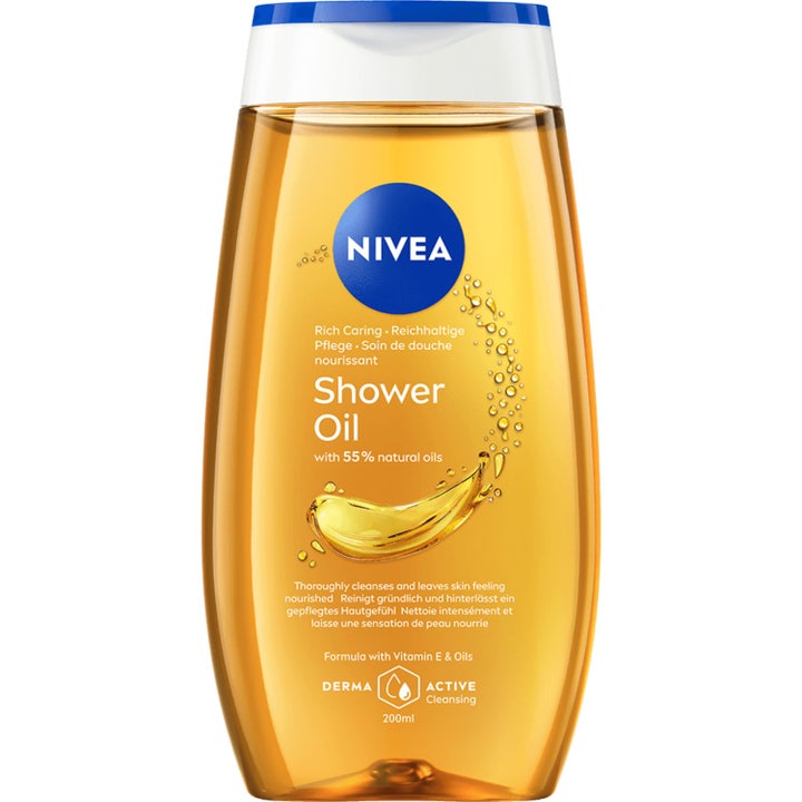 Nivea Rich Care Shower Oil 200 ml plejende badeolie i gennemsigtig flaske med gylden olie og blåt låg