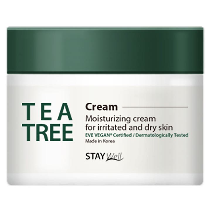 Stay Well Tea Tree Cream fugtgivende ansigtscreme til irriteret hud i hvid krukke med mørkegrønt låg.