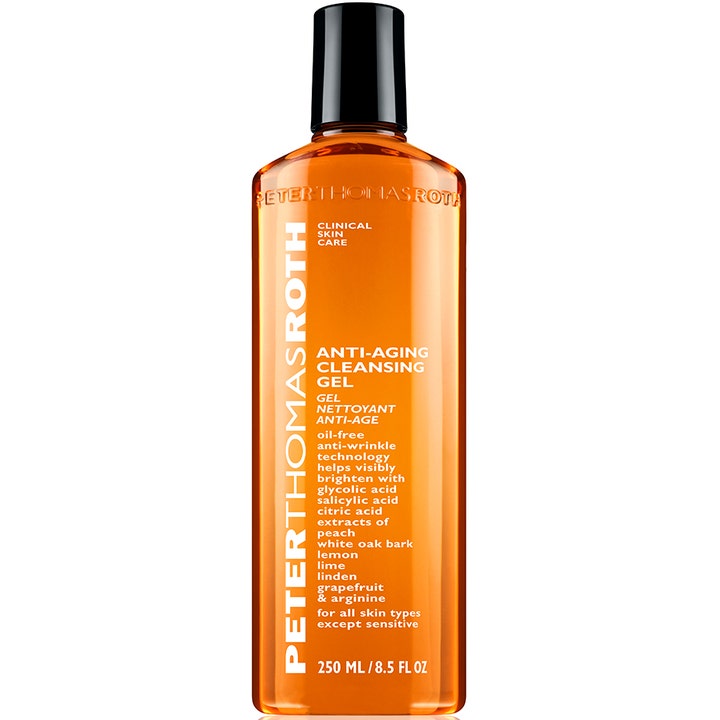 Peter Thomas Roth Anti-Aging Cleansing Gel 250 ml eksfolierende ansigtsrens i klar orange flaske med sort låg