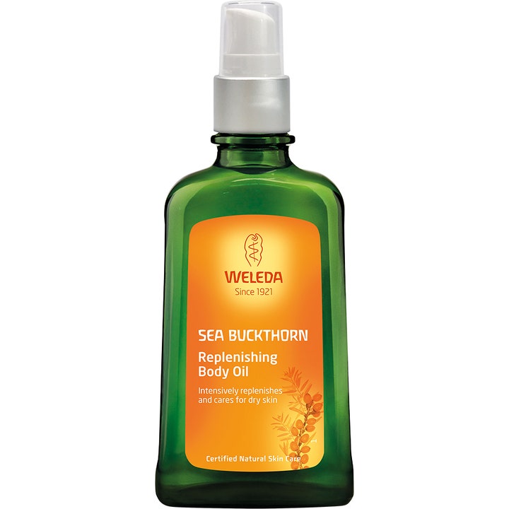 Weleda Sea Buckthorn Replenishing Body Oil 100ml plejende kropsolie til tør hud i grøn glasflaske med pumpe