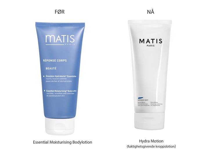 Matis Hydra-Motion 200 ml fugtgivende bodylotion i hvid og blå tube før og efter nyt design